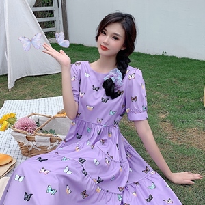 紫色蝴蝶印花连衣裙女夏2021年新款韩版收腰显瘦雪纺裙子图片