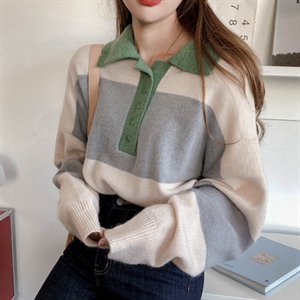 韩版 chic 休闲宽松拼色翻领套头毛衣针织衫,女装针织衫/毛衣,多多毛织厂
