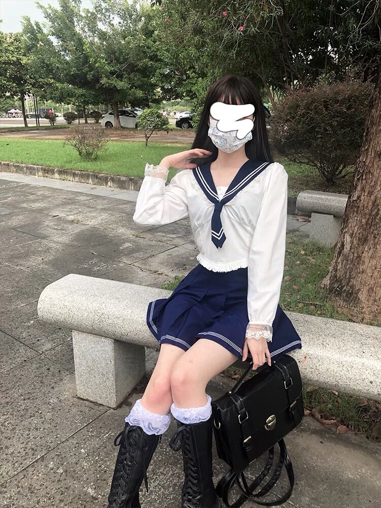 蕾絲邊美少女冰月jk日系長袖水手服上衣套裝秋冬,女裝套裝/套裙,伊魅