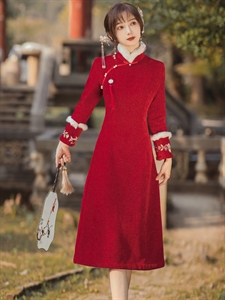 现货 年轻款旗袍新款秋冬天加厚气质敬酒服红色礼服高级,女装连衣裙,豆豆衣阁