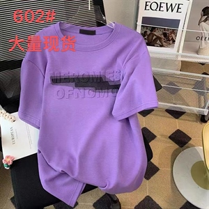 欧货紫色3D字母压花宽松T恤女短袖韩版欧洲站夏款设计感小众上衣,女装T恤,韩可儿